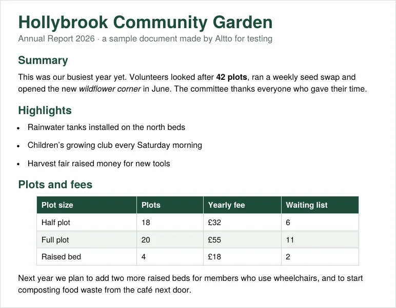 The sample PDF: a one-page community garden report with a green title, two headings, a bulleted list and a four-row table with a dark green header row.